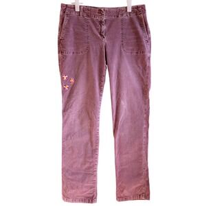 J Jill Corduroy Chino Pants Embroidered Flower Purple 10 Stretch Casual Boho